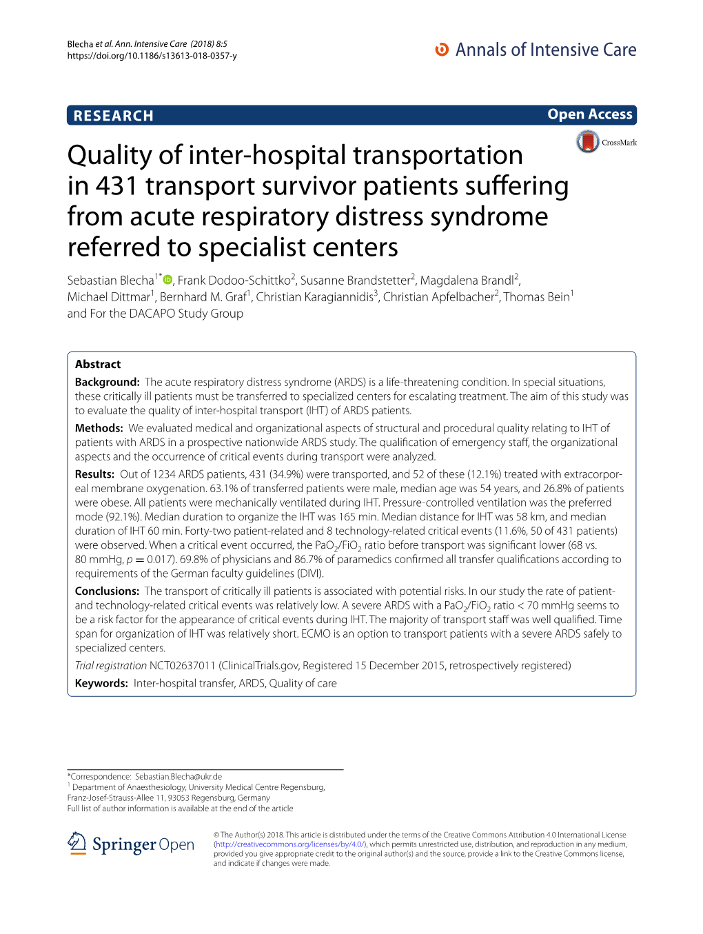 Quality of Inter-Hospital Transportation in 431 Transport Survivor Patients