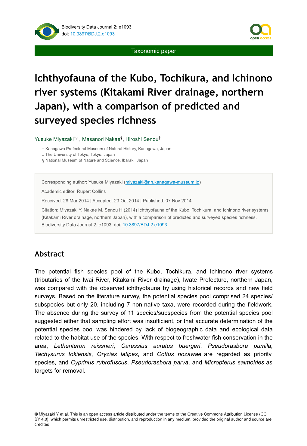 Ichthyofauna of the Kubo, Tochikura, and Ichinono