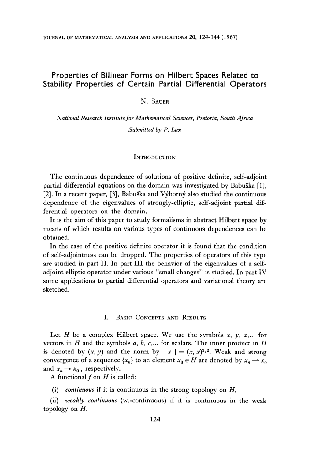 Properties of Bilinear Forms on Hilbert Spaces Related to Stability Properties of Certain Partial Differential Operators