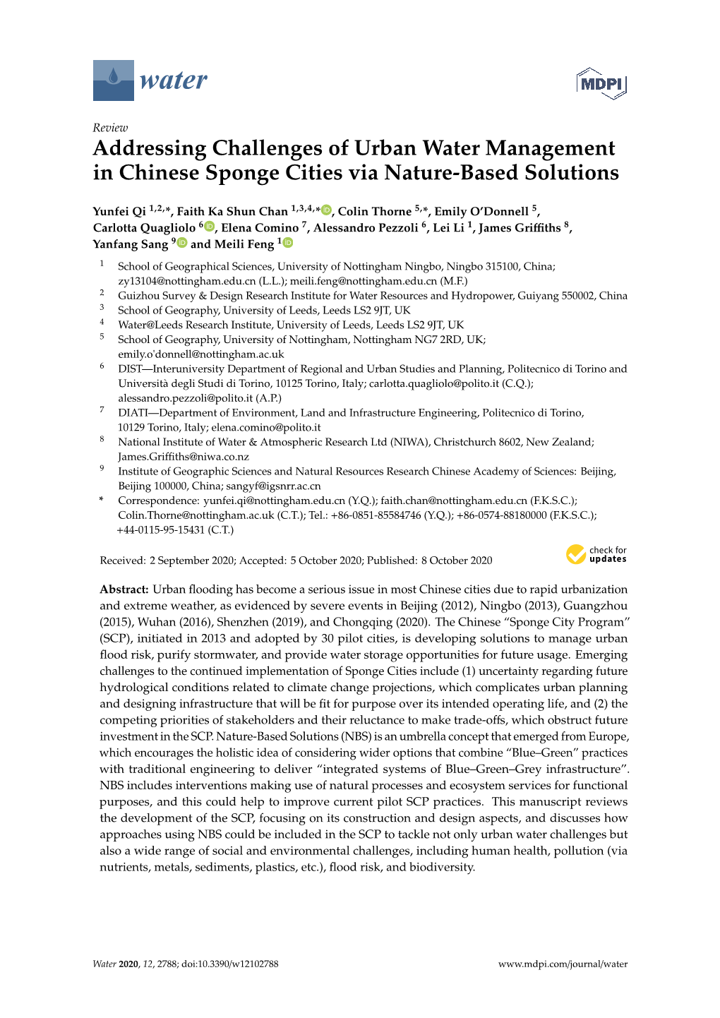 Addressing Challenges of Urban Water Management in Chinese Sponge Cities Via Nature-Based Solutions