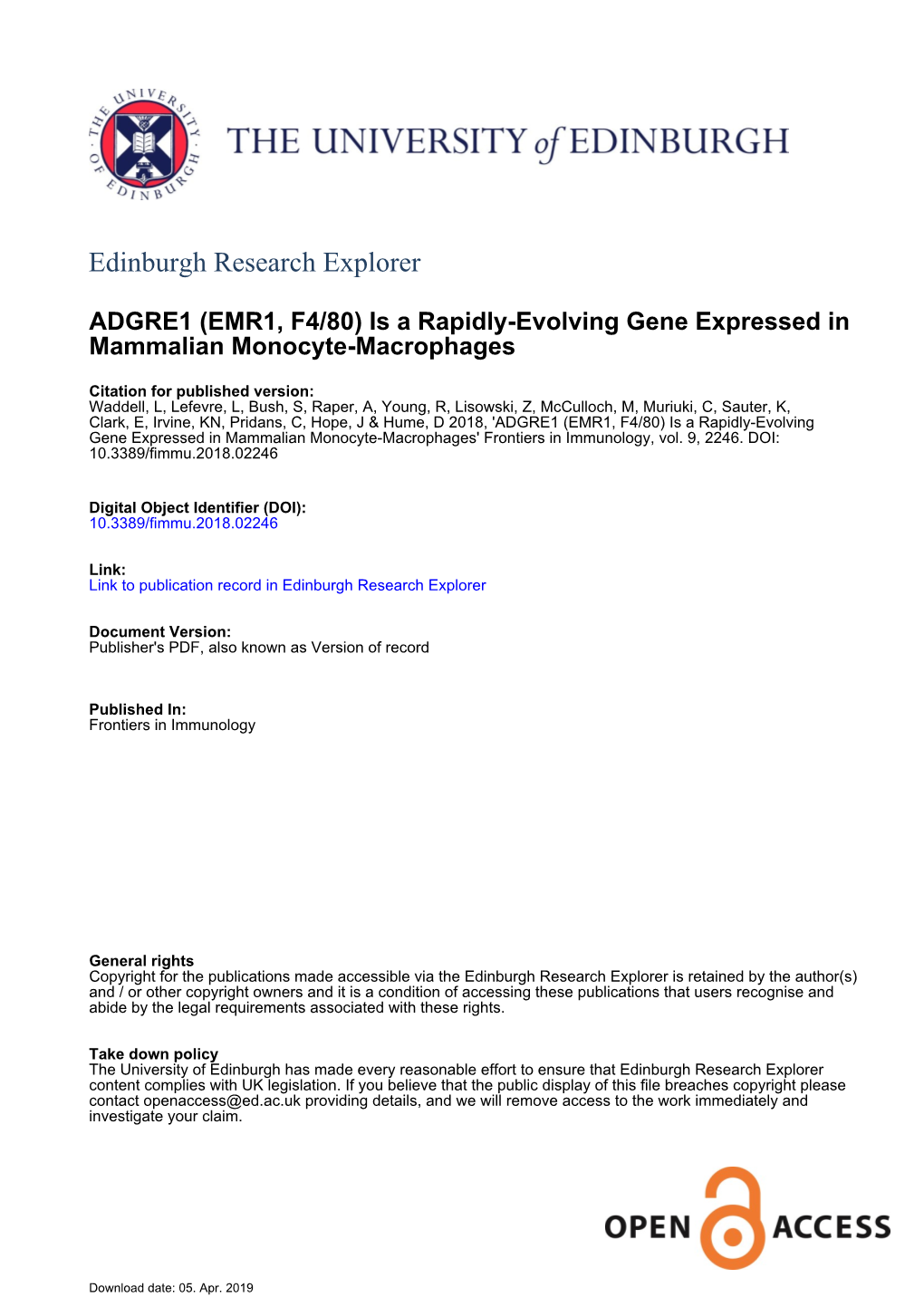 ADGRE1 (EMR1, F4/80) Is a Rapidly-Evolving Gene Expressed In