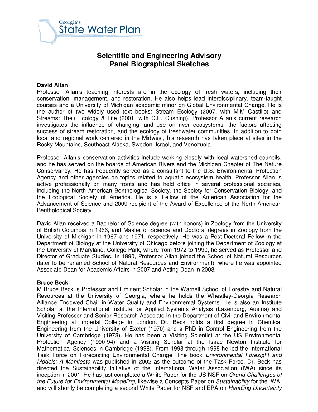 Scientific and Engineering Advisory Panel Biographical Sketches