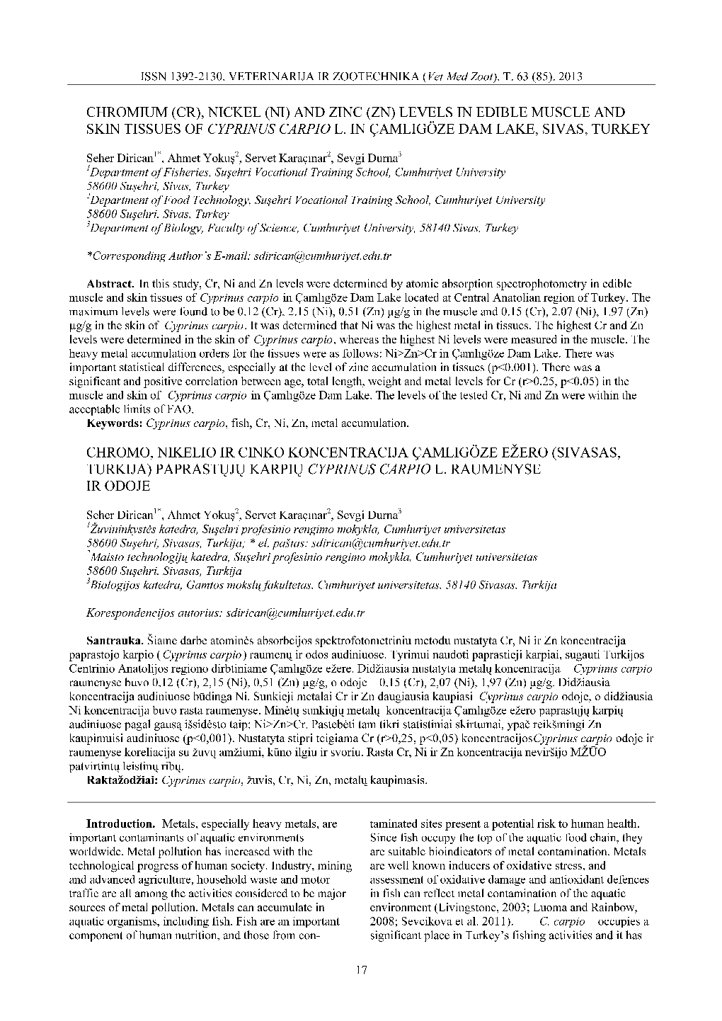 Levels in Edible Muscle and Skin Tissues of Cyprinus Carpio L