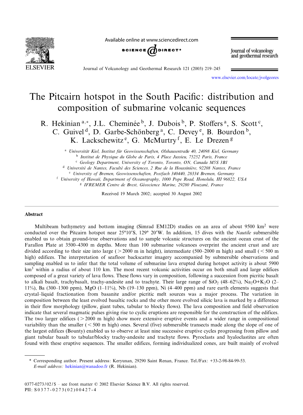 The Pitcairn Hotspot in the South Paci¢C: Distribution and Composition of Submarine Volcanic Sequences