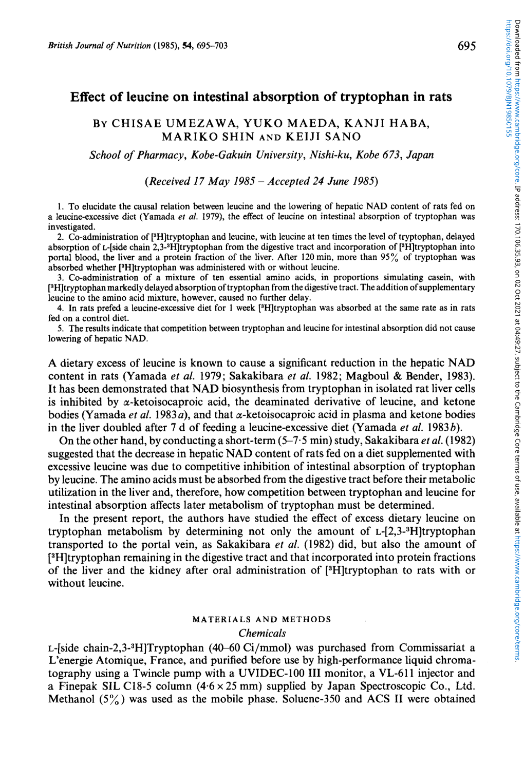 Effect of Leucine on Intestinal Absorption of Tryptophan in Rats