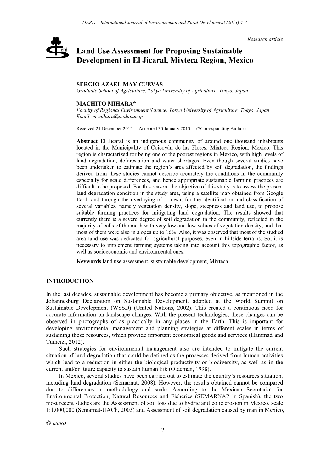 Land Use Assessment for Proposing Sustainable Development in El Jicaral, Mixteca Region, Mexico