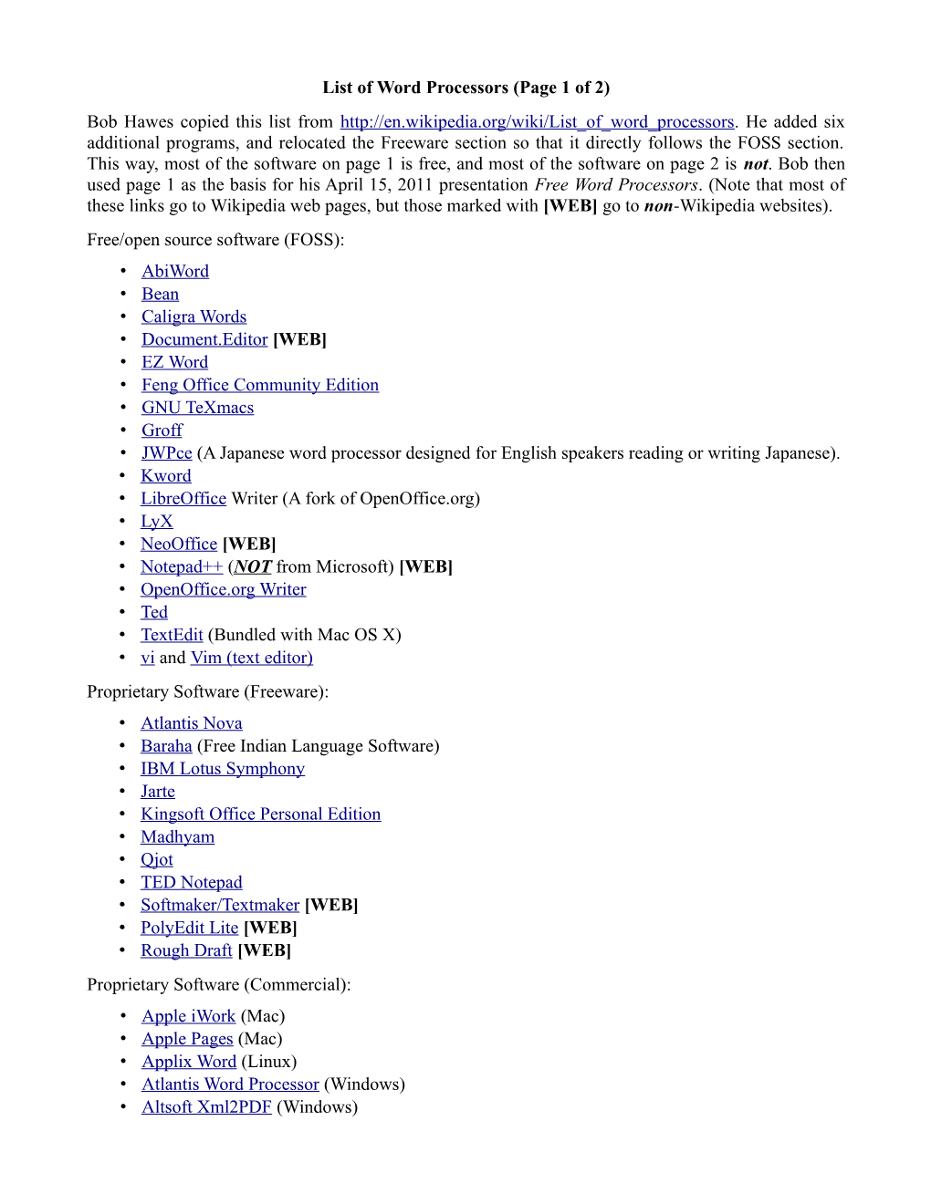 List of Word Processors (Page 1 of 2) Bob Hawes Copied This List From