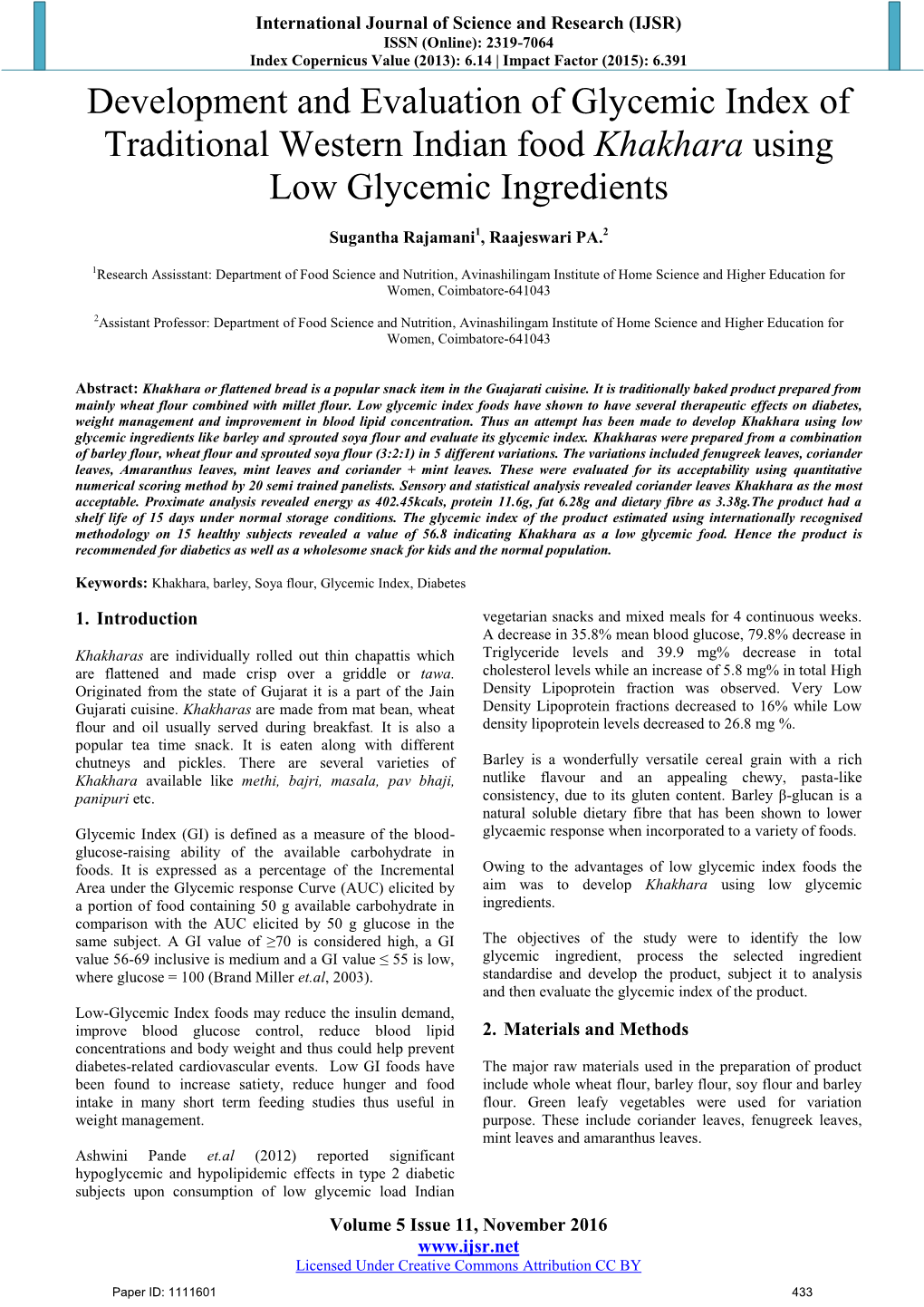 Development and Evaluation of Glycemic Index of Traditional Western Indian Food Khakhara Using Low Glycemic Ingredients