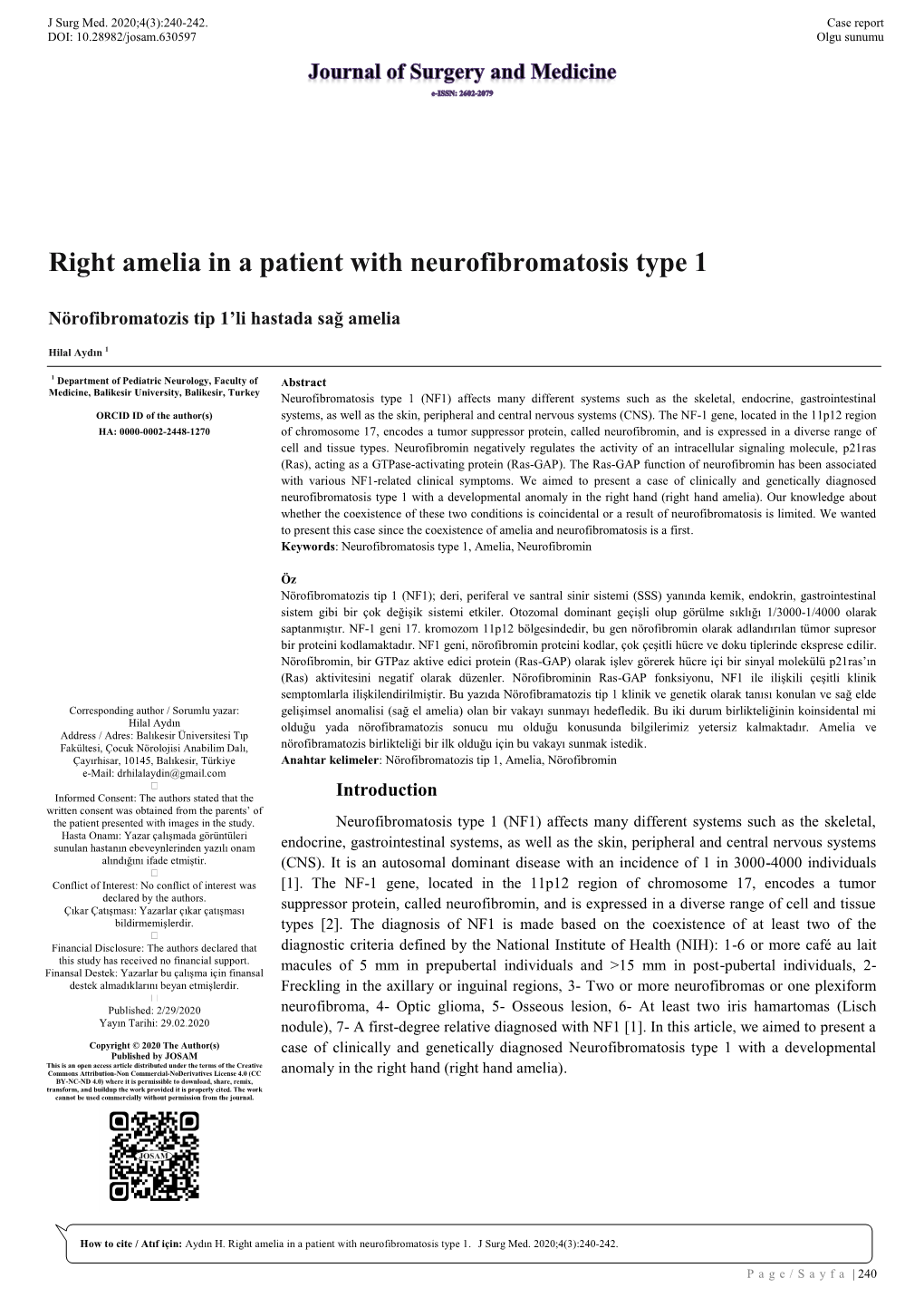 Right Amelia in a Patient with Neurofibromatosis Type 1