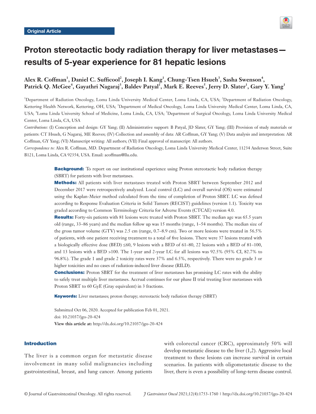 Proton Stereotactic Body Radiation Therapy for Liver Metastases— Results of 5-Year Experience for 81 Hepatic Lesions