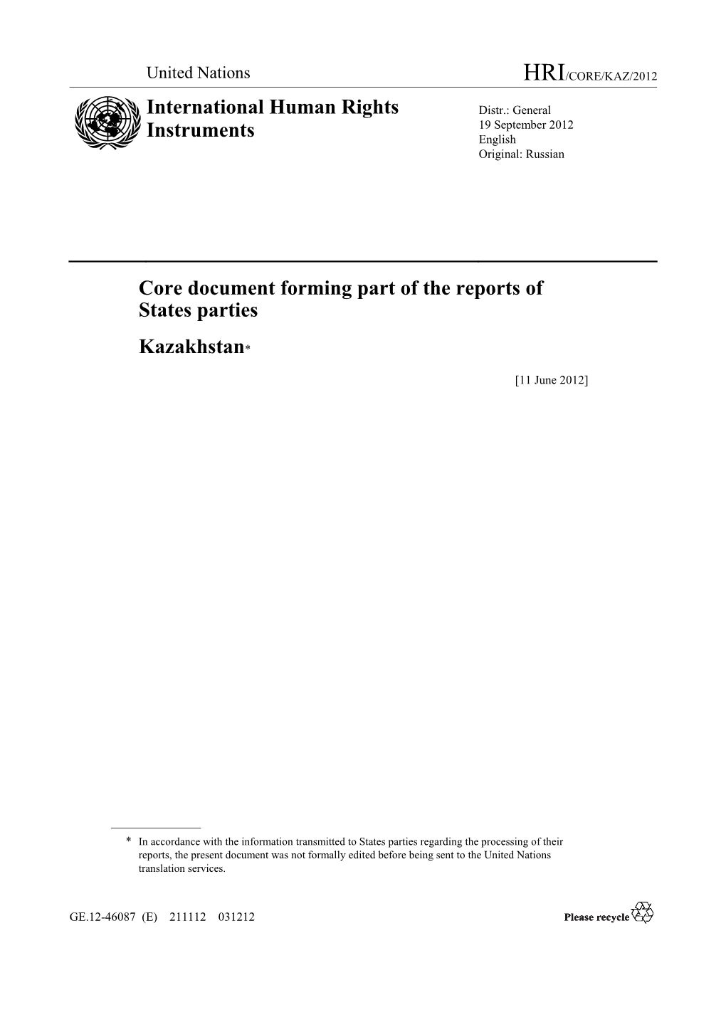 Core Document Forming Part of the Reports of States Parties Kazakhstan