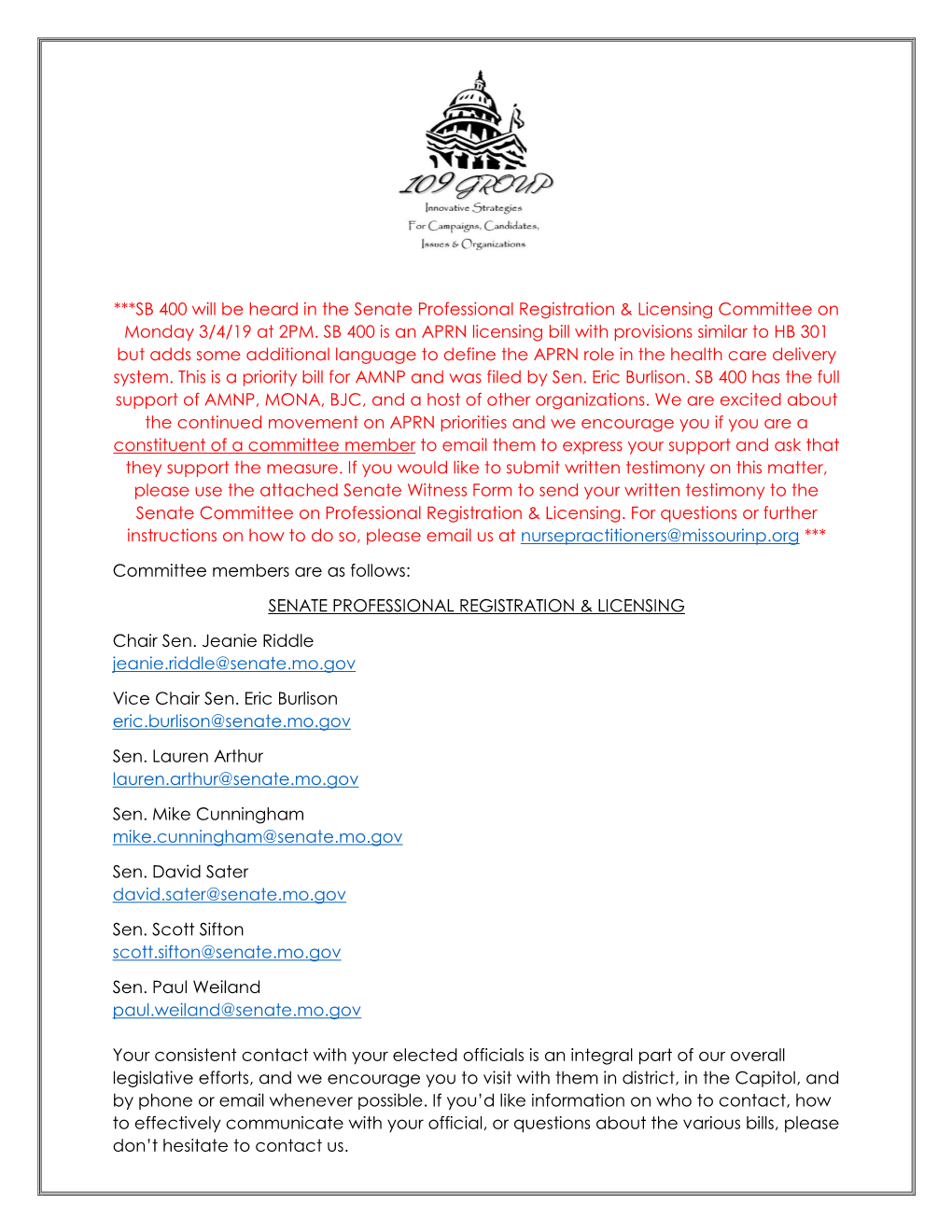 ***SB 400 Will Be Heard in the Senate Professional Registration & Licensing Committee on Monday 3/4/19 at 2PM. SB 400 Is An