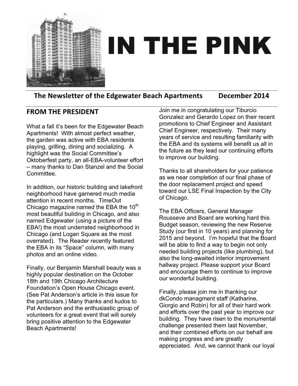 FROM the PRESIDENT the Newsletter of the Edgewater Beach