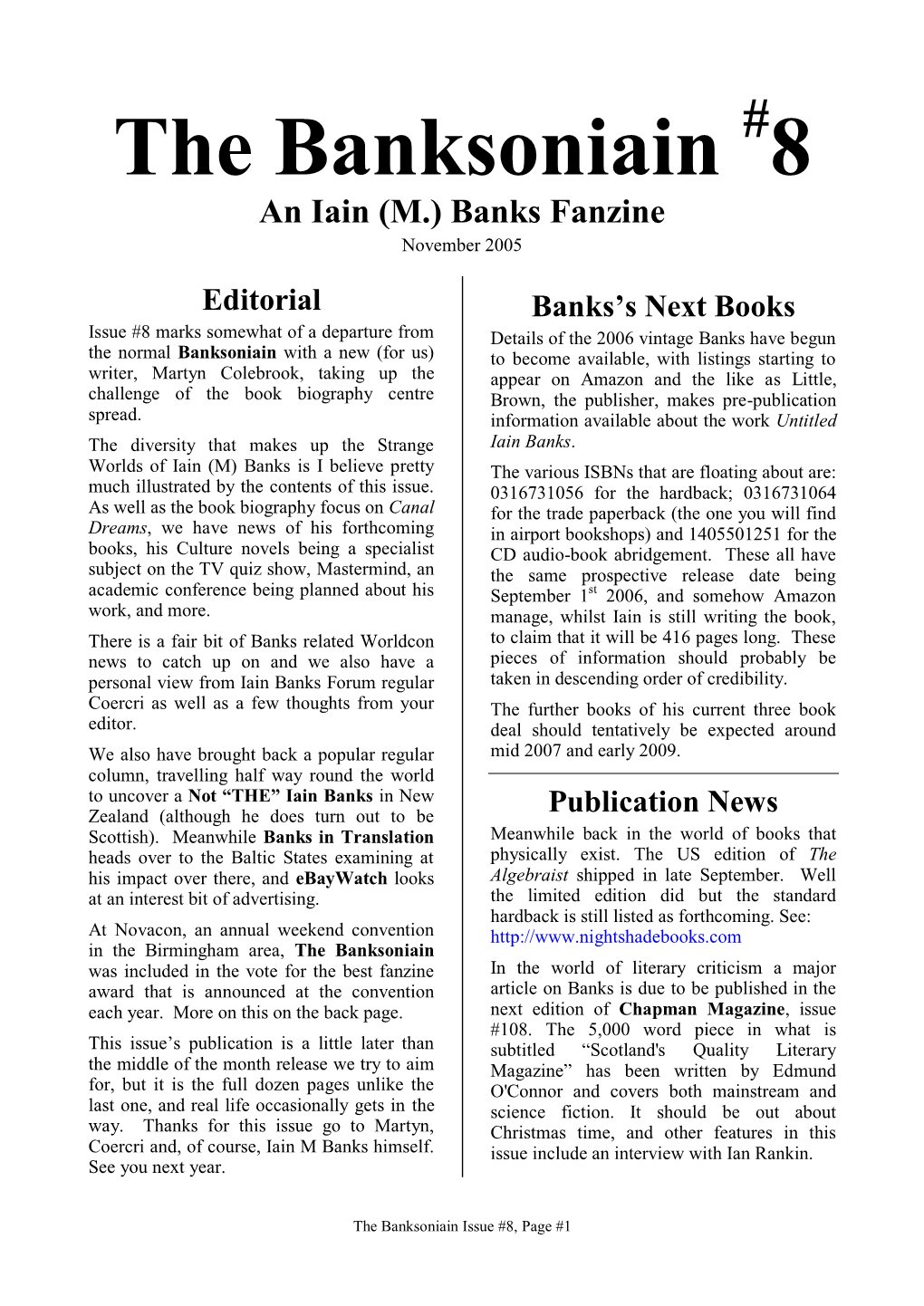 The Banksoniain #8 an Iain (M.) Banks Fanzine November 2005