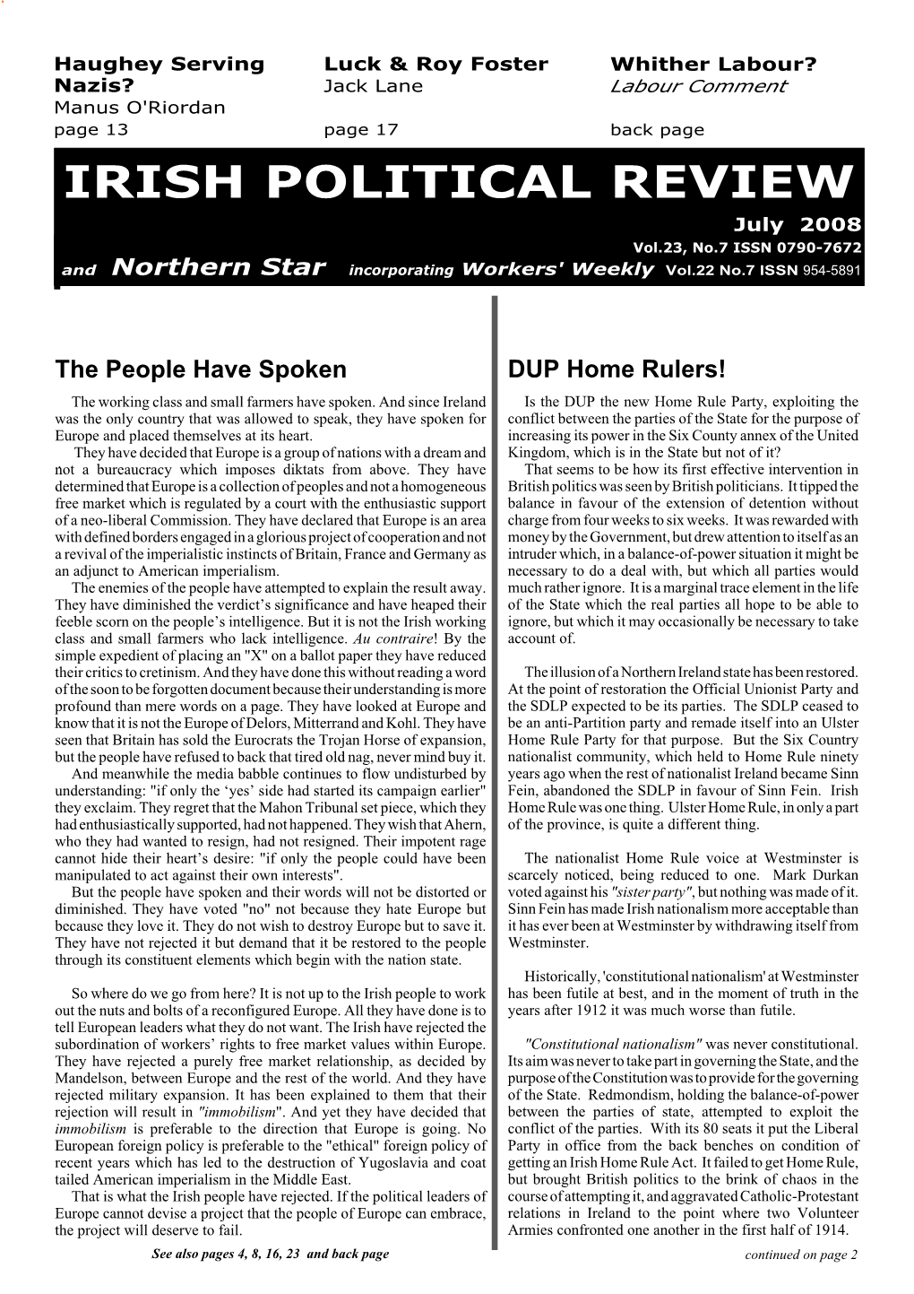 Irish Political Review, July 2008