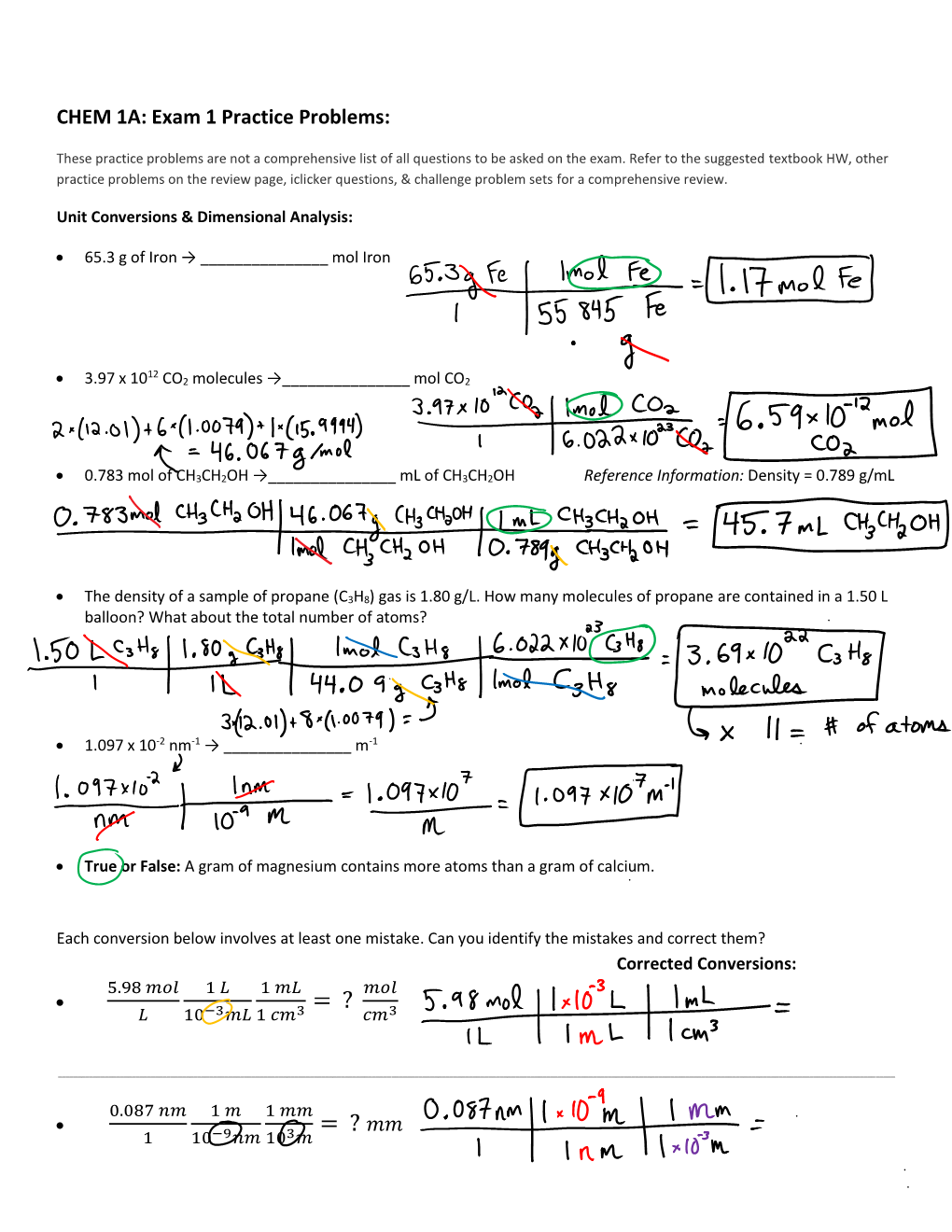 CHEM 1A: Exam 1 Practice Problems