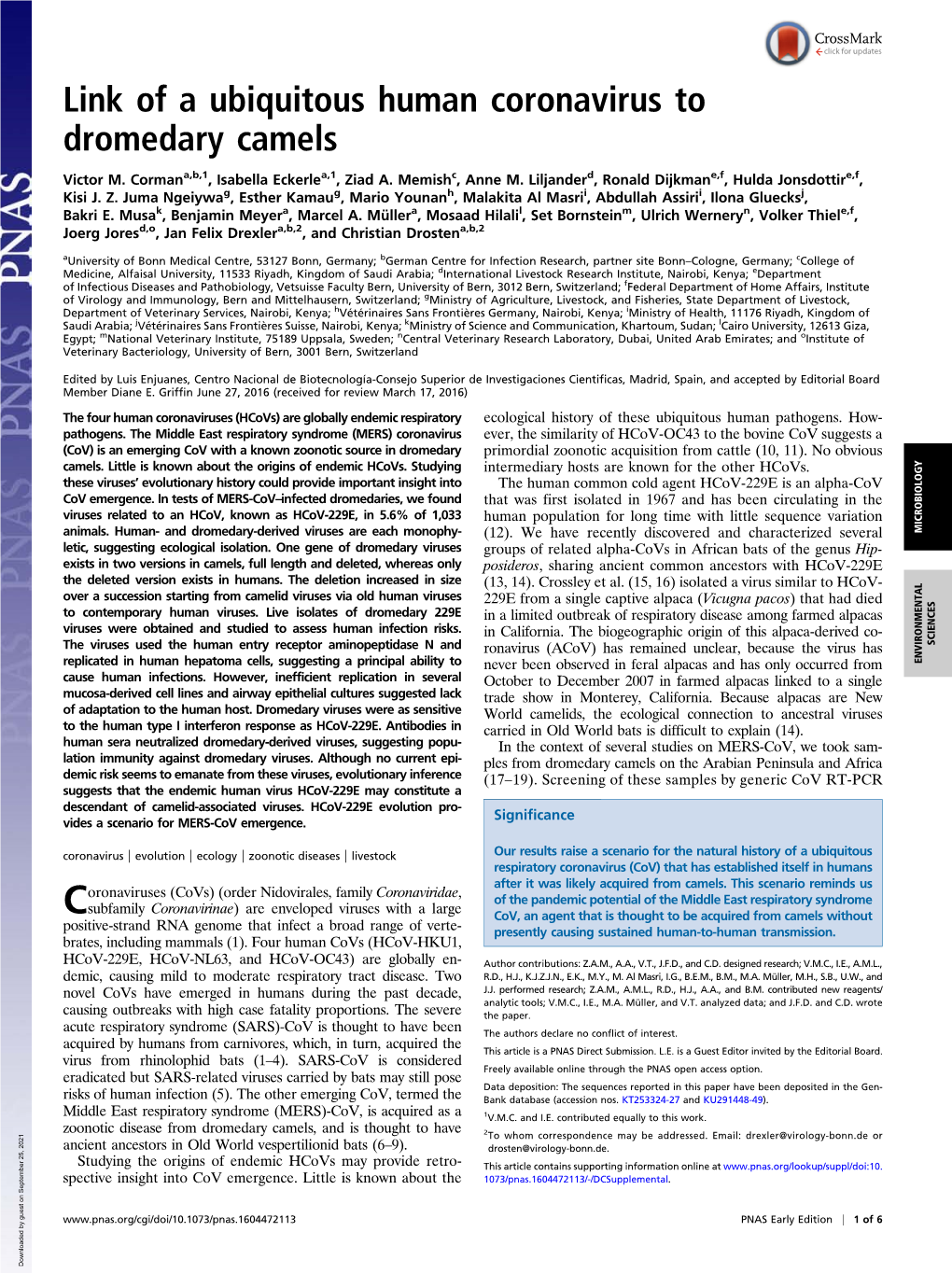 Link of a Ubiquitous Human Coronavirus to Dromedary Camels