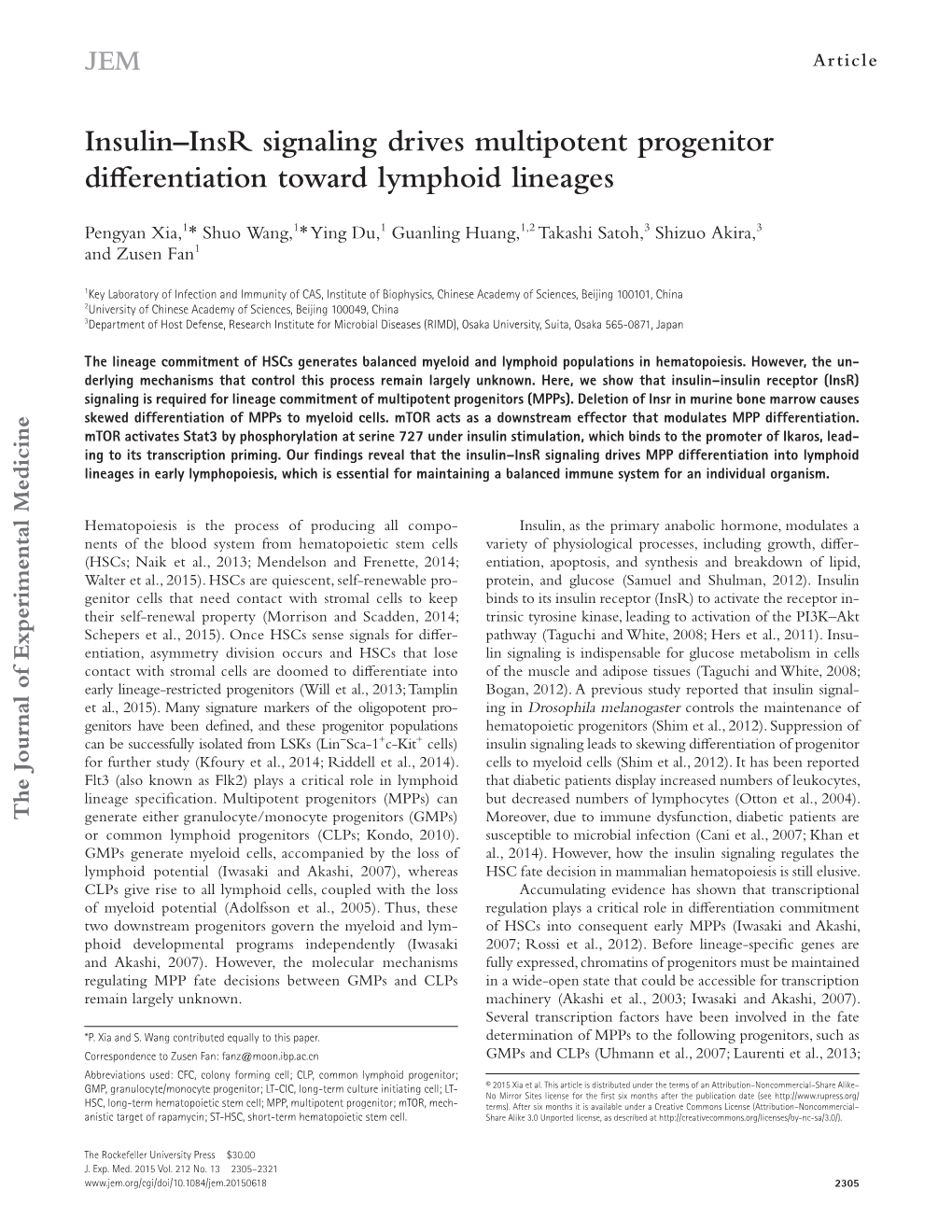 Insulin–Insr Signaling Drives Multipotent Progenitor Differentiation Toward Lymphoid Lineages