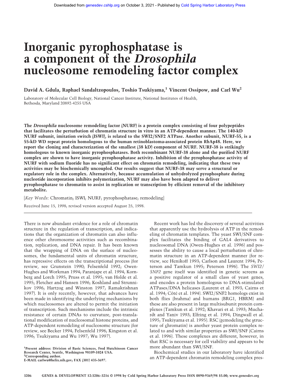 Inorganic Pyrophosphatase Is a Component of the Drosophila Nucleosome Remodeling Factor Complex