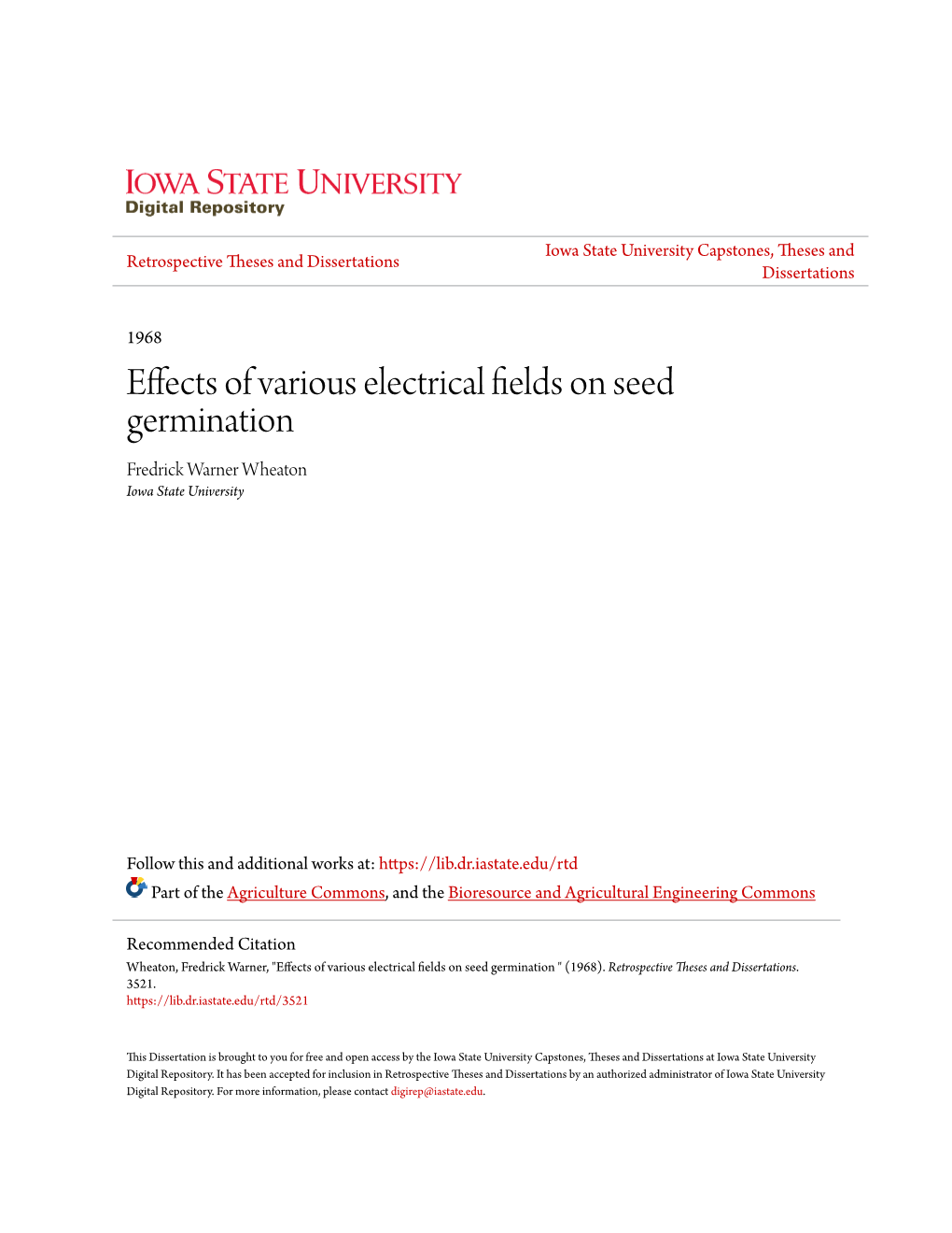 Effects of Various Electrical Fields on Seed Germination Fredrick Warner Wheaton Iowa State University