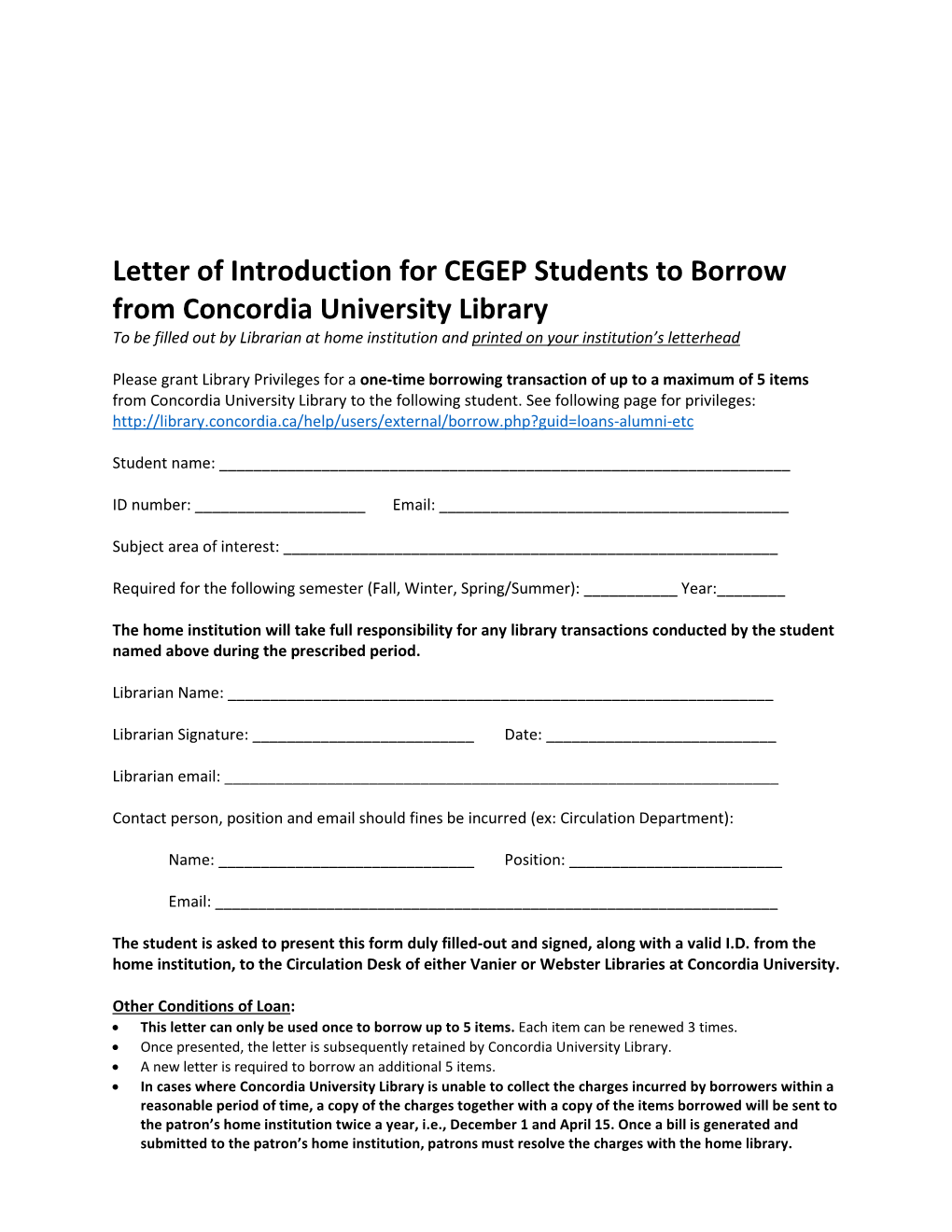 Letter of Introduction for CEGEP Students to Borrow from Concordia