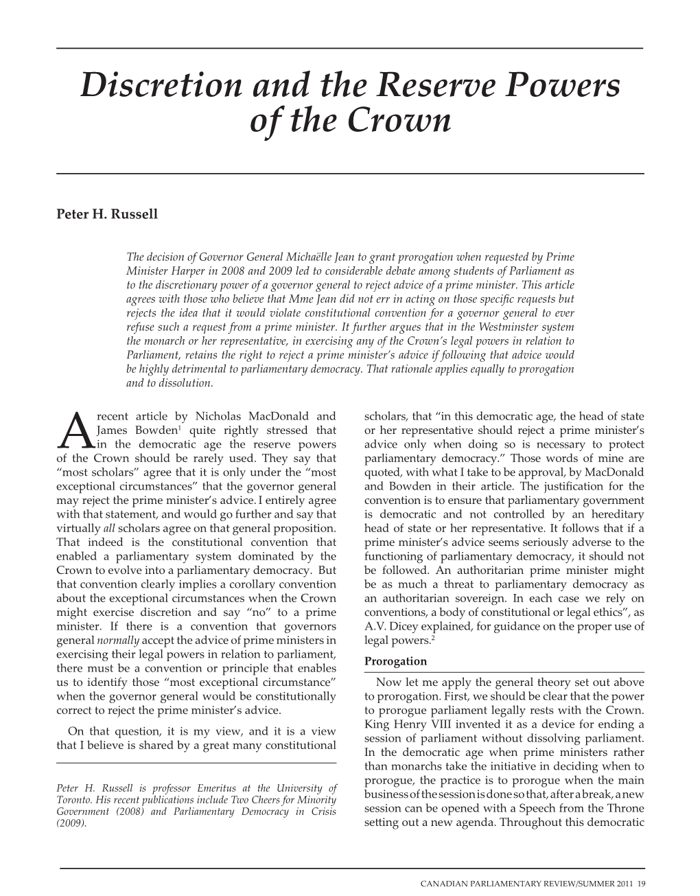 Discretion and the Reserve Powers of the Crown