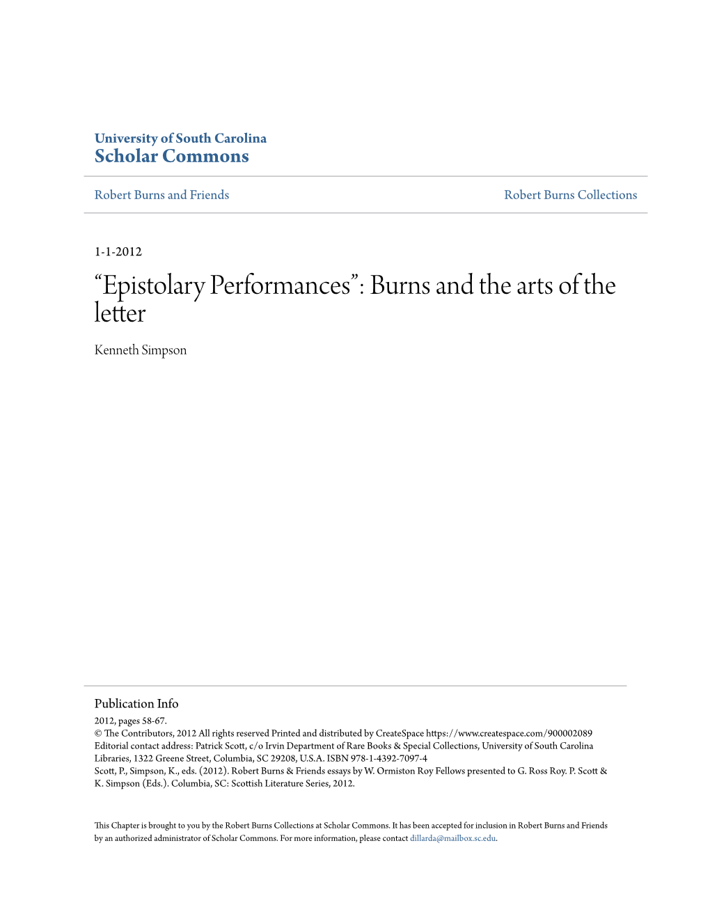 “Epistolary Performances”: Burns and the Arts of the Letter Kenneth Simpson