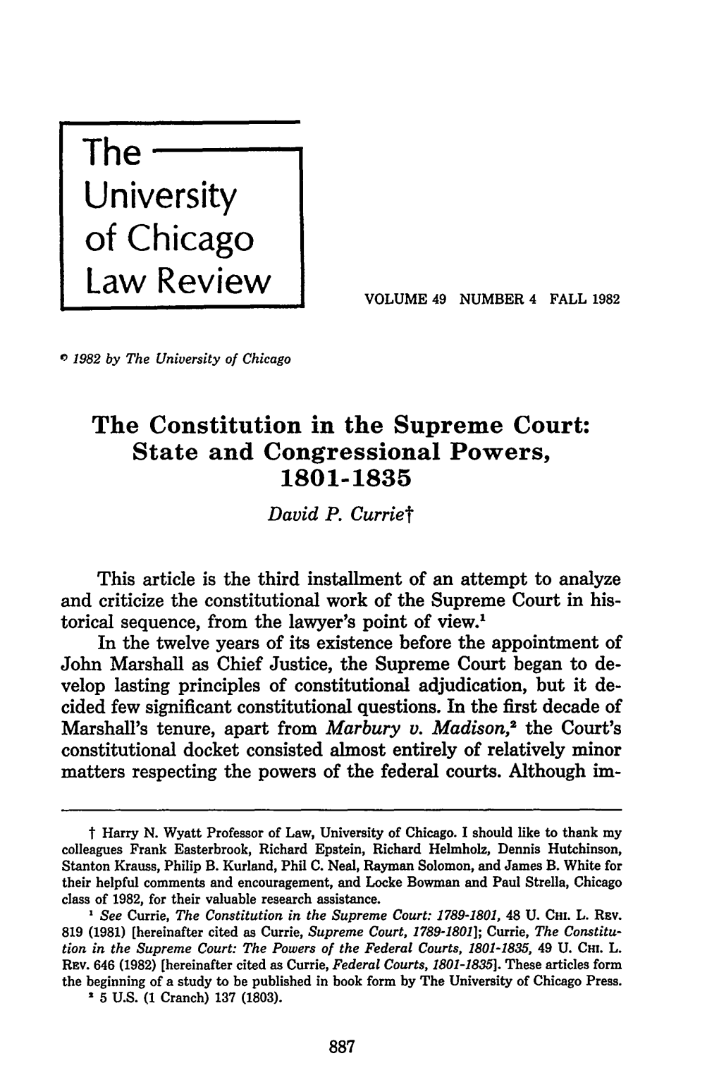 The Constitution in the Supreme Court: State and Congressional Powers, 1801-1835 David P