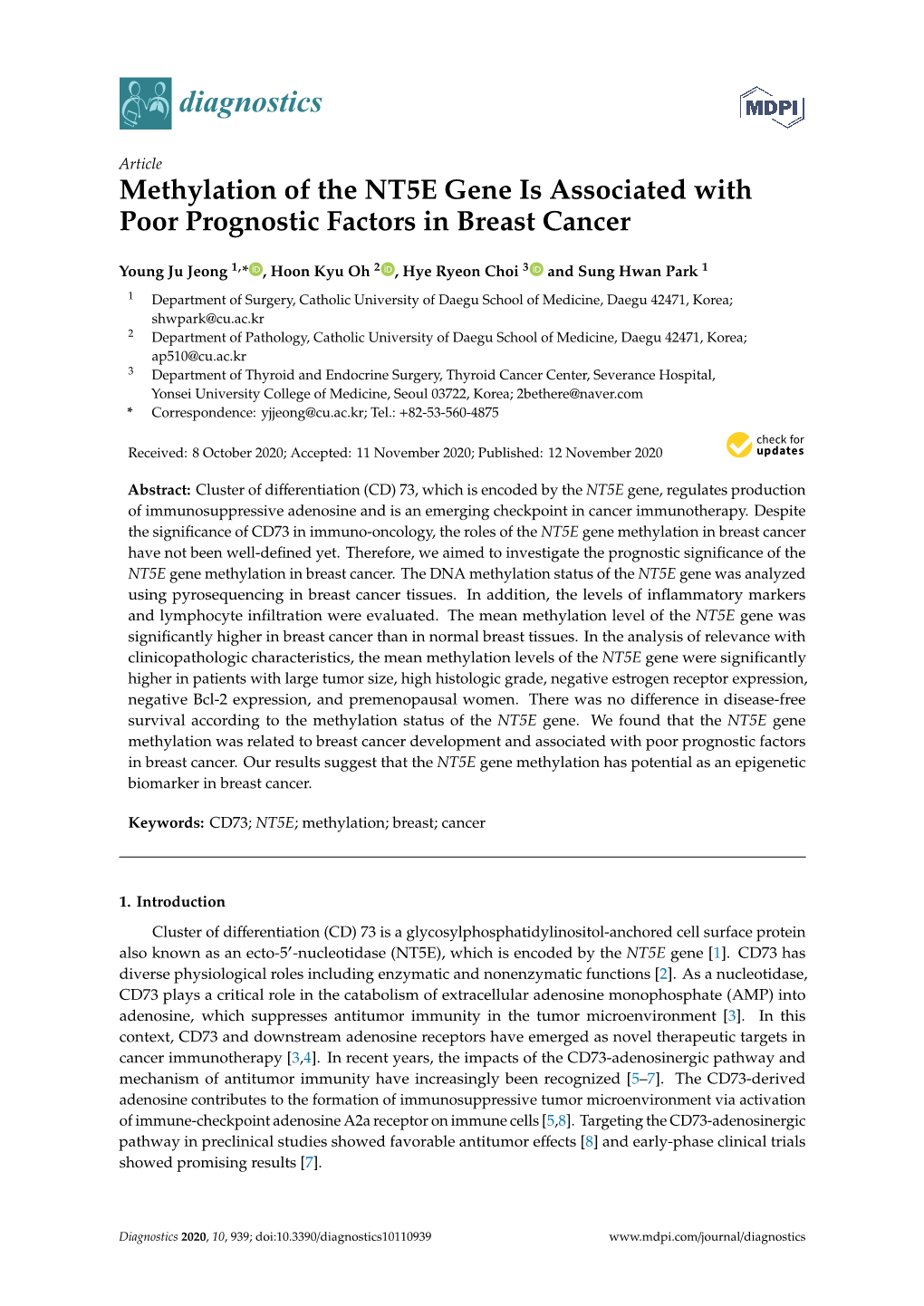 Methylation of the NT5E Gene Is Associated with Poor Prognostic Factors in Breast Cancer