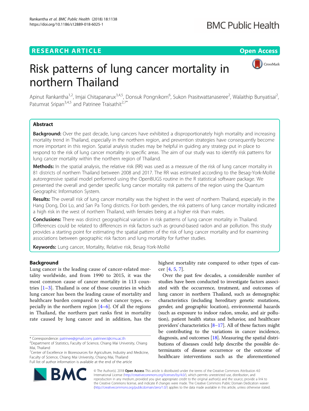 Risk Patterns of Lung Cancer Mortality in Northern Thailand