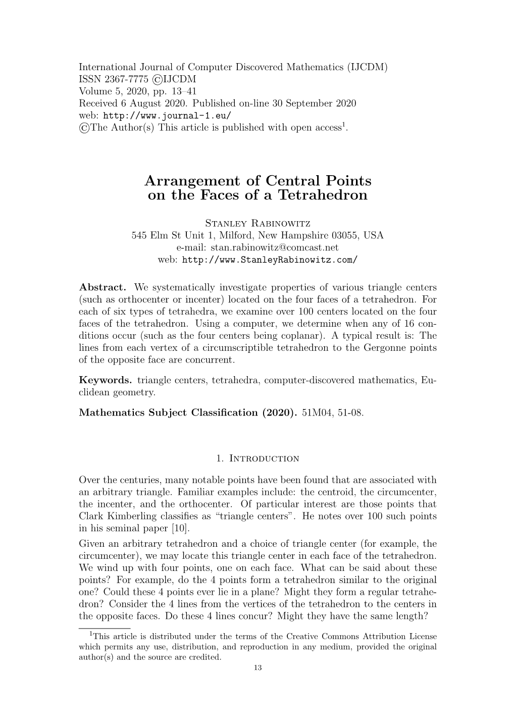 Stanley Rabinowitz, Arrangement of Central Points on the Faces of A