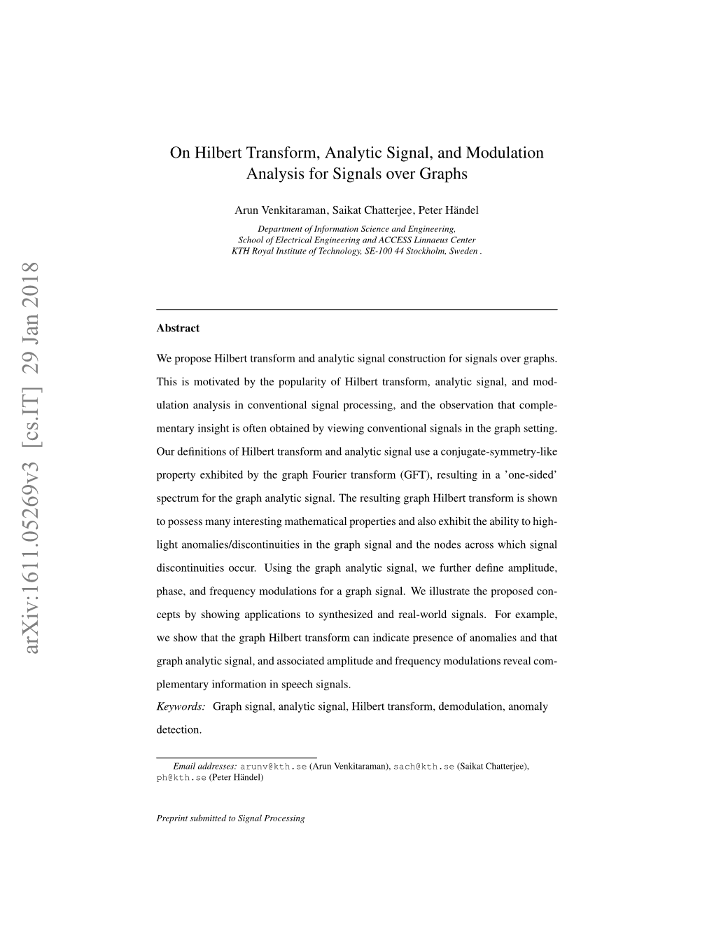 Arxiv:1611.05269V3 [Cs.IT] 29 Jan 2018 Graph Analytic Signal, and Associated Amplitude and Frequency Modulations Reveal Com