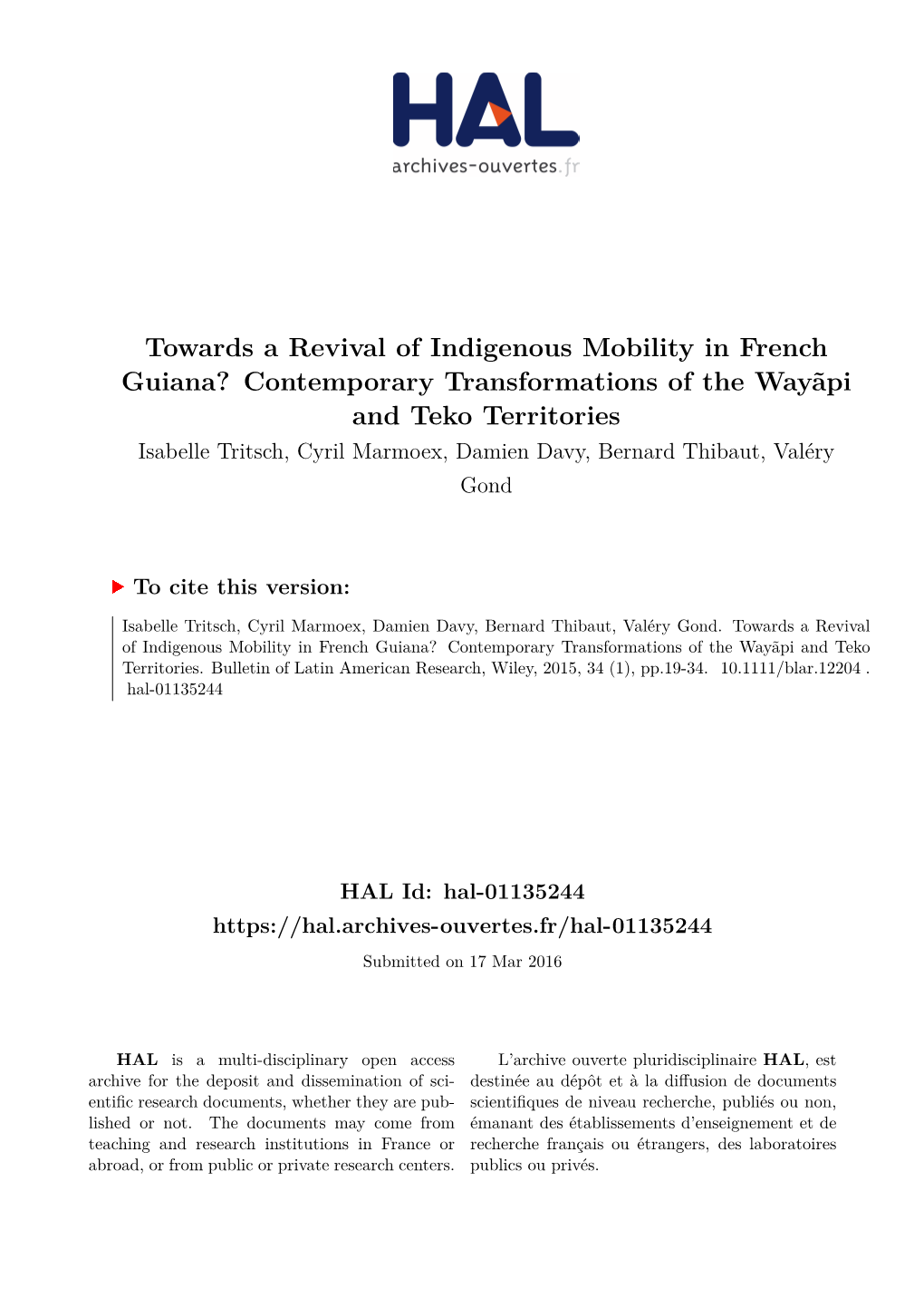 Towards a Revival of Indigenous Mobility in French Guiana?