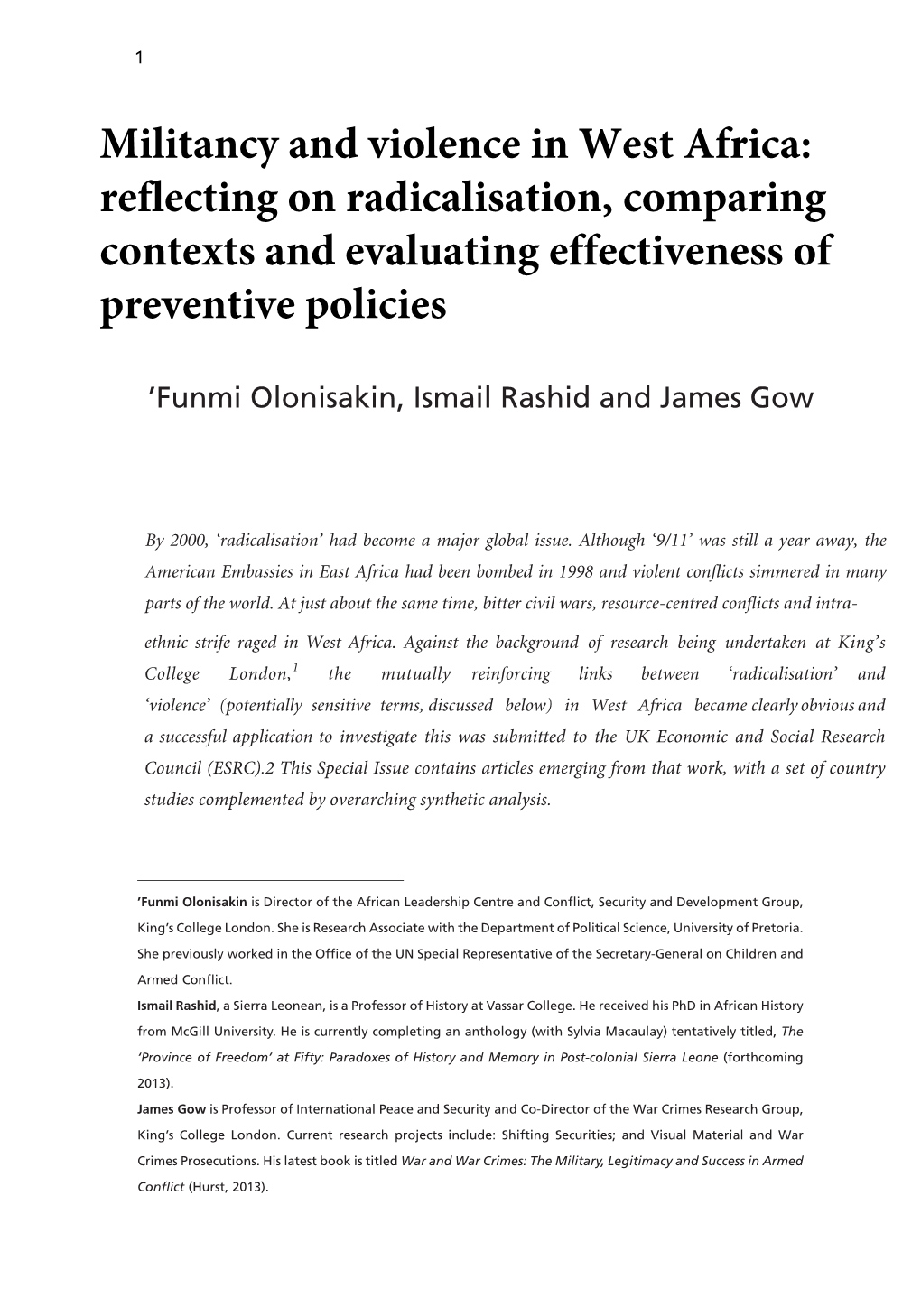 Militancy and Violence in West Africa: Reflecting on Radicalisation, Comparing Contexts and Evaluating Effectiveness of Preventive Policies