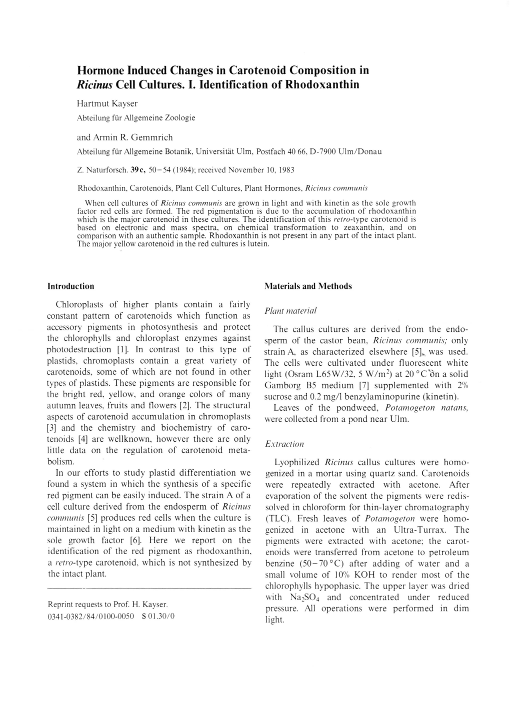 Ricinus Cell Cultures. I. Identification of Rhodoxanthin