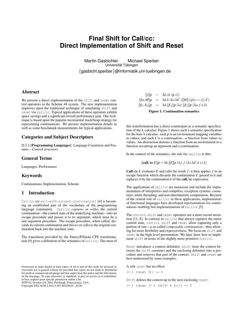 Final Shift for Call/Cc: Direct Implementation of Shift and Reset