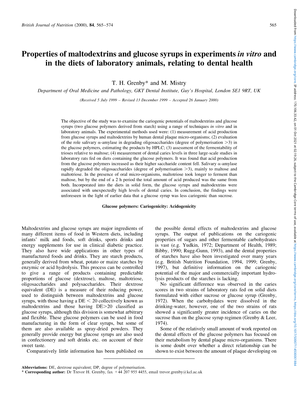 Properties of Maltodextrins and Glucose Syrups in Experiments in Vitro and in the Diets of Laboratory Animals, Relating to Dental Health