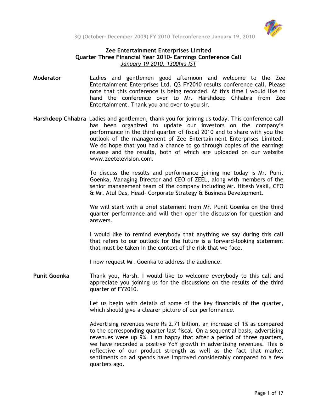 Zee Entertainment Enterprises Limited Quarter Three Financial Year 2010- Earnings Conference Call January 19 2010, 1300Hrs IST