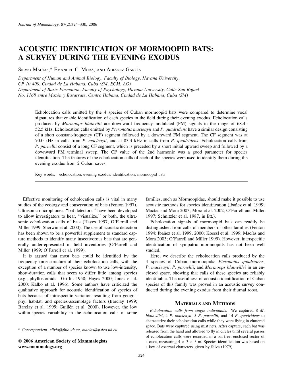 Acoustic Identification of Mormoopid Bats: a Survey During the Evening Exodus