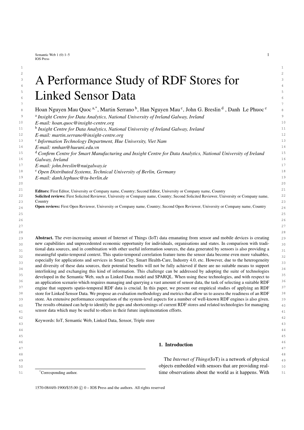 A Performance Study of RDF Stores for Linked Sensor Data