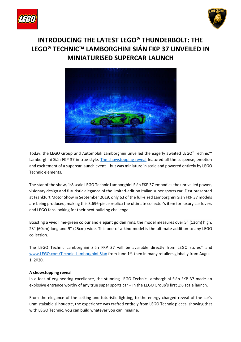 The Lego® Technic™ Lamborghini Sián Fkp 37 Unveiled in Miniaturised Supercar Launch