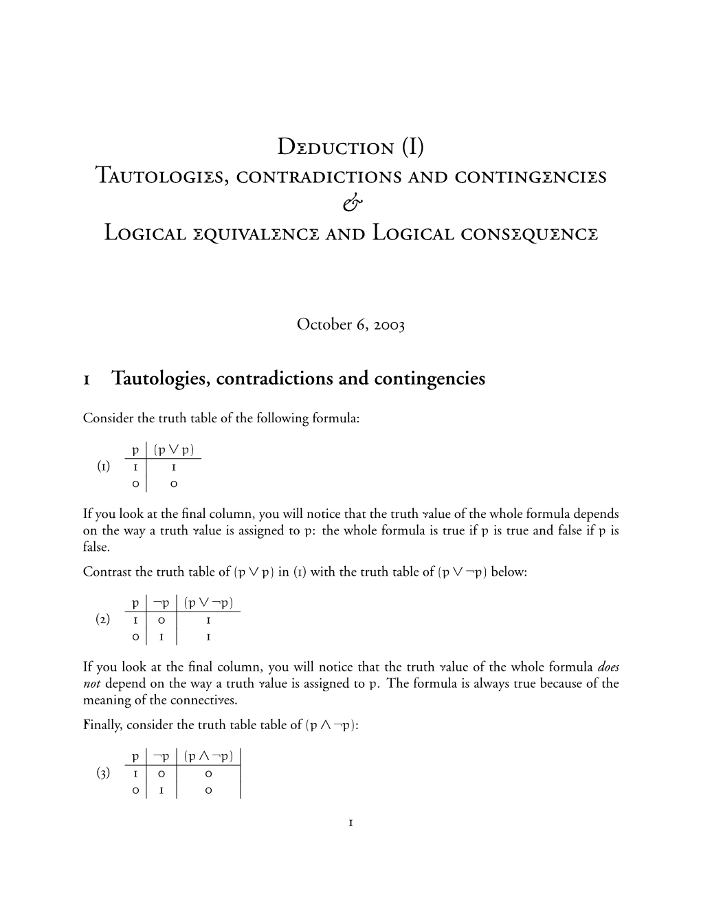 Deduction (I) Tautologies, Contradictions And