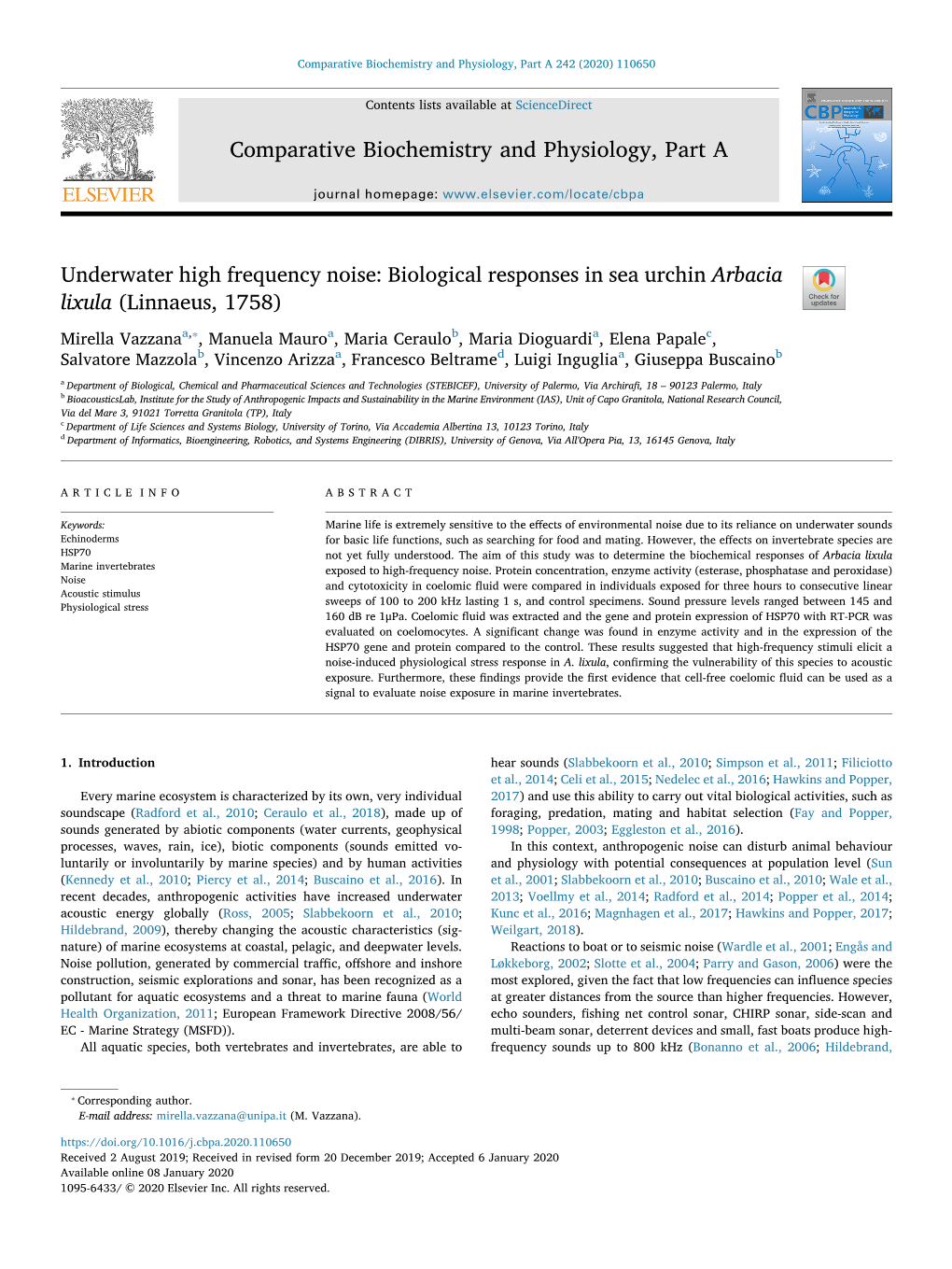 Underwater High Frequency Noise Biological Responses in Sea Urchin Arbacia Lixula