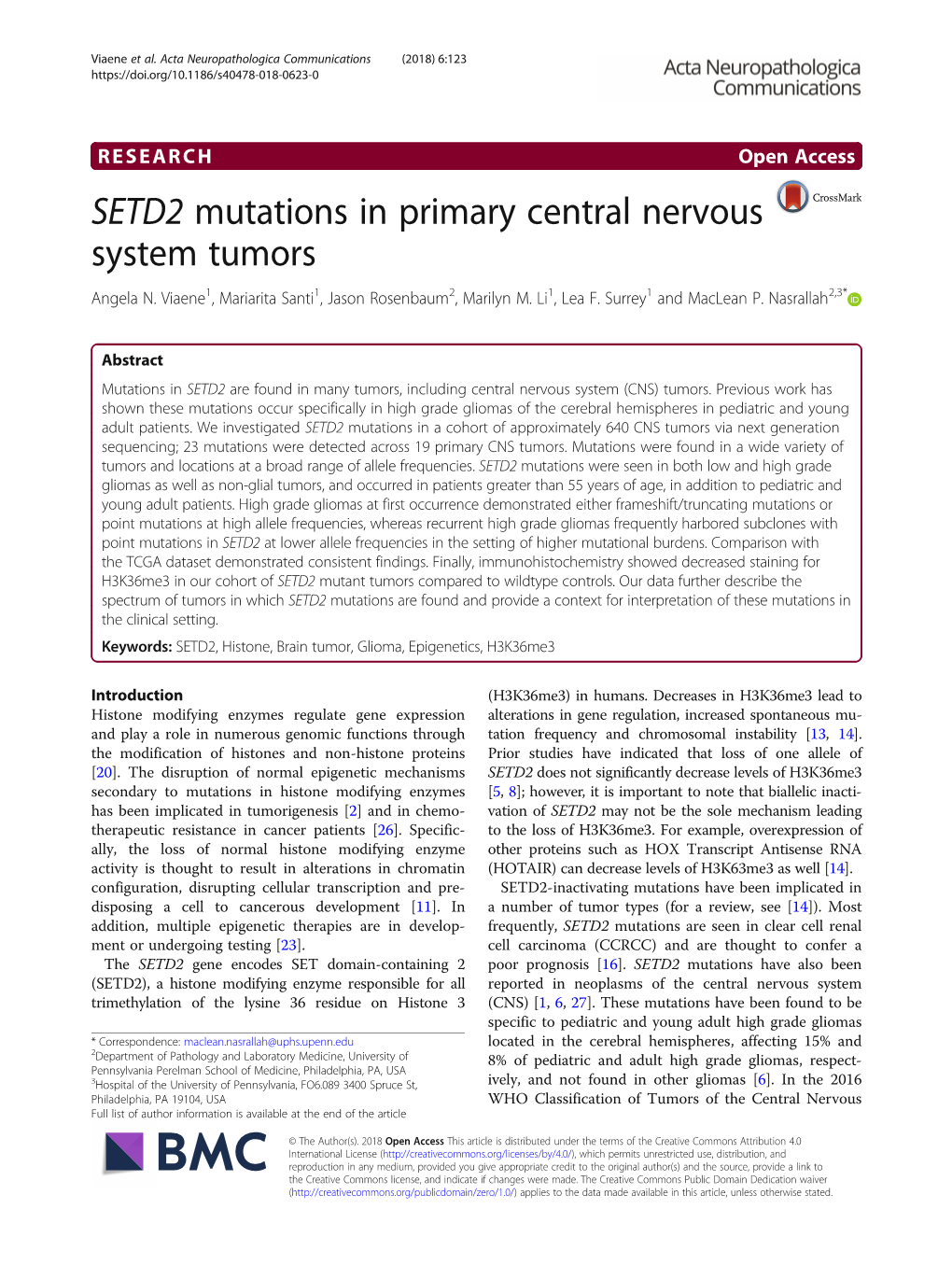 SETD2 Mutations in Primary Central Nervous System Tumors Angela N