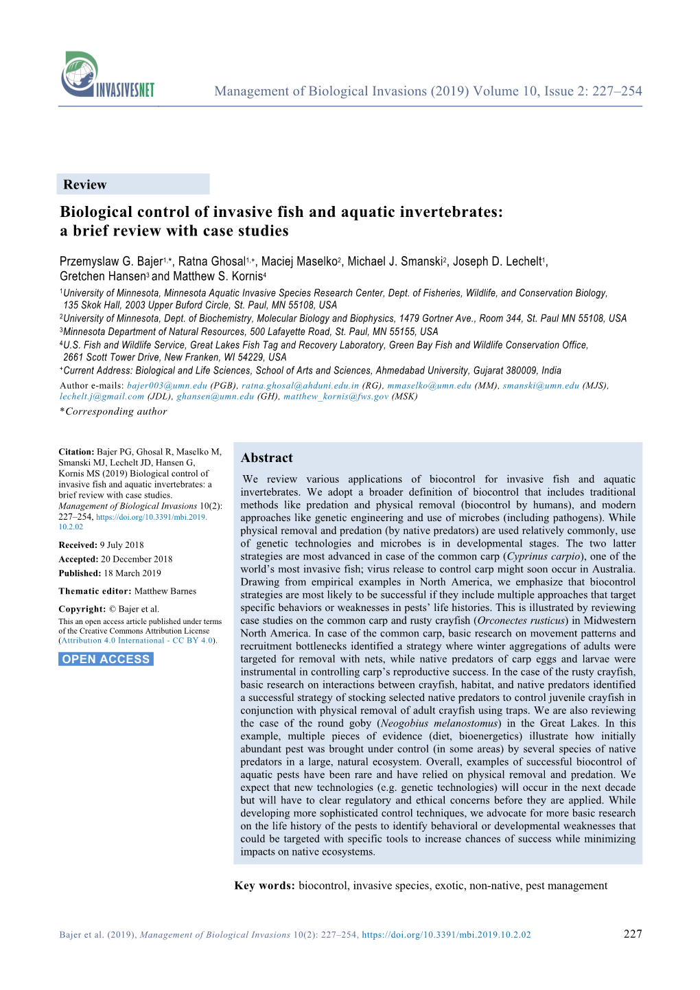 Biological Control of Invasive Fish and Aquatic Invertebrates: a Brief Review with Case Studies