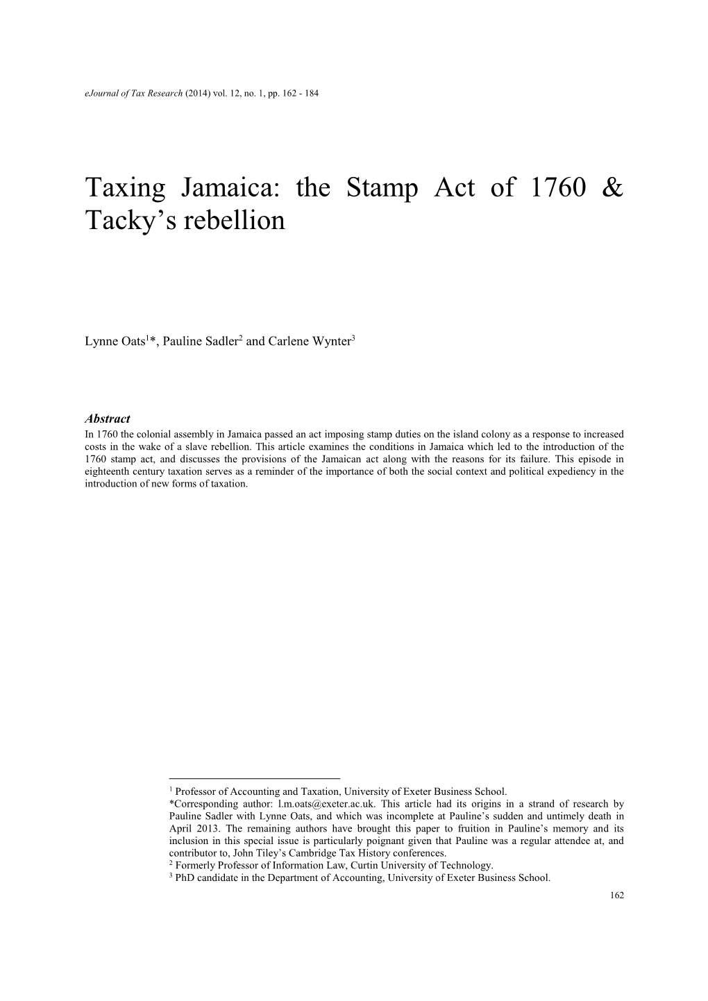 Taxing Jamaica: the Stamp Act of 1760 & Tacky's Rebellion