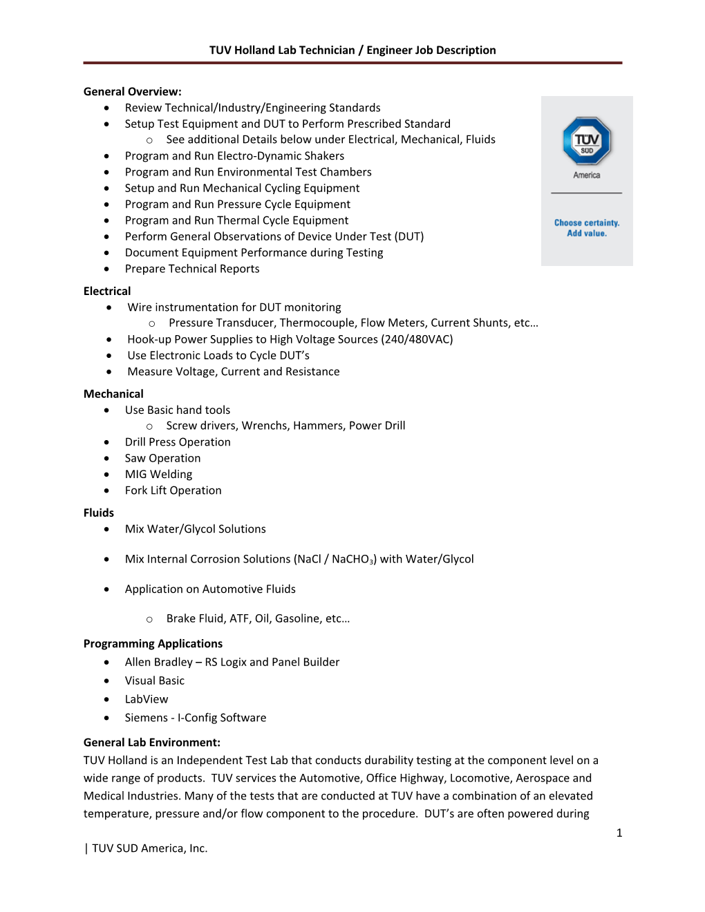 TUV Holland Lab Technician / Engineer Job Description
