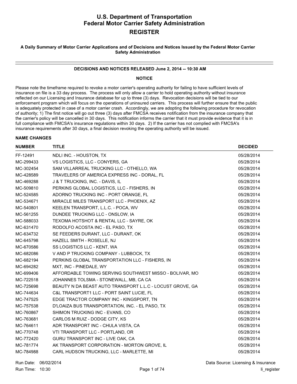 U.S. Department of Transportation Federal Motor Carrier Safety Administration REGISTER