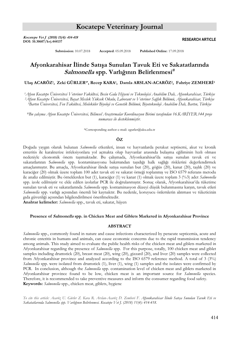 Afyonkarahisar İlinde Satışa Sunulan Tavuk Eti Ve Sakatatlarında Salmonella Spp