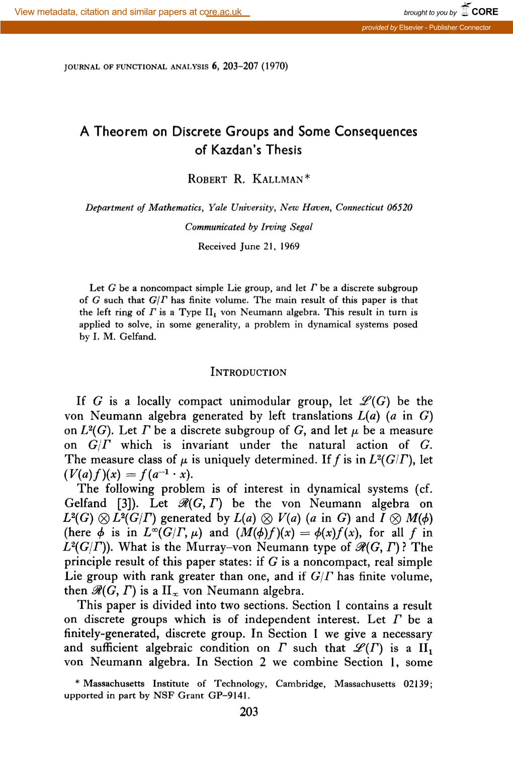 A Theorem on Discrete Groups and Some Consequences of Kazdan's